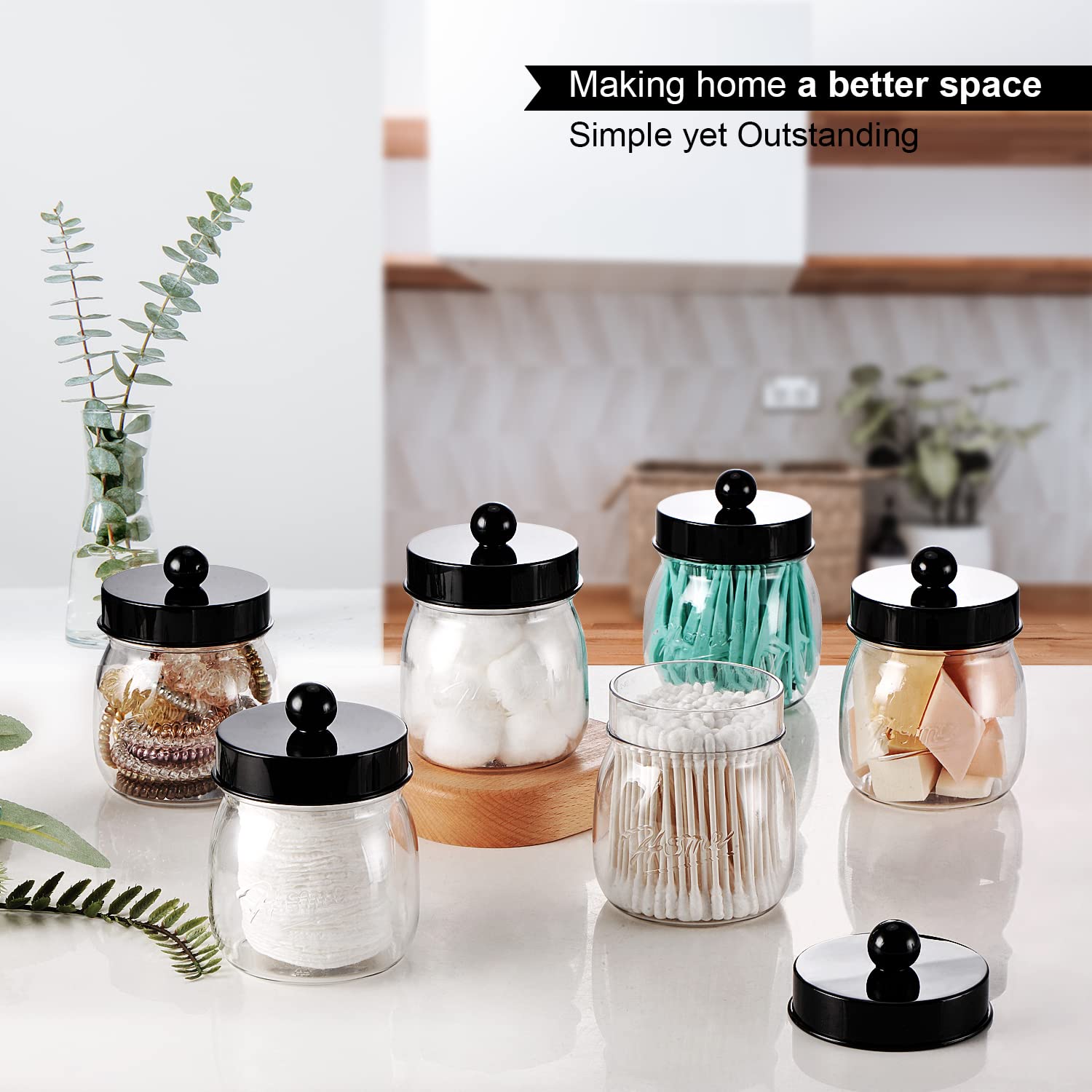 Farmhouse Decor Apothecary Jar Set,Mason Jar Bathroom Vanity Storage Organizer Canister - Qtip Holder Plastic Acrylic Jar for Cotton Swabs,Cotton Pads,Floss Picks,Paper Clips,Hair Clips(6 Pac - WoodArtSupply