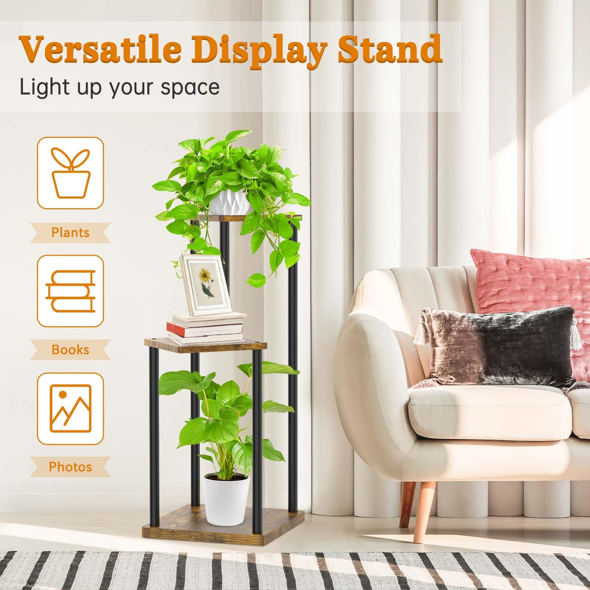 Oppro 3 Tier Plant Stands Indoor, Metal Wood Tiered Corner Plant Stand Pot Holder, Wood Flower Shelf Display Rack for Living Room Bedroom Outdoor Balcony Garden Patio, Black Oppro