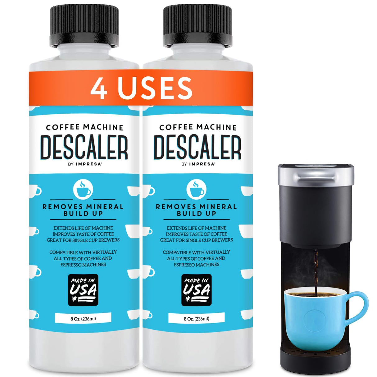 Descaler (2 Pack, 2 Uses Per Bottle) - Made in the USA - Universal Descaling Solution for Keurig, Nespresso, Delonghi and All Single Use Coffee and Espresso Machines IMPRESA