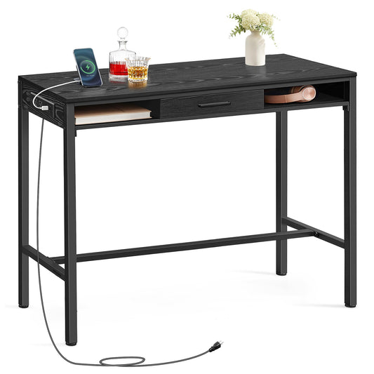 VASAGLE 39.3-Inch Rectangular Bar Table with Power Outlet and Adjustable Feet in Ebony Black