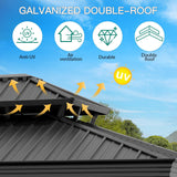 GAOMON 12x14ft Hardtop Gazebo, Heavy Duty Double Roof Outdoor Garden Galvanized w/Nettings Curtains Steel Combined of Horizontal Vertical Stripes Roof for Patio, Backyard, Deck, Lawns (Gray) GAOMON