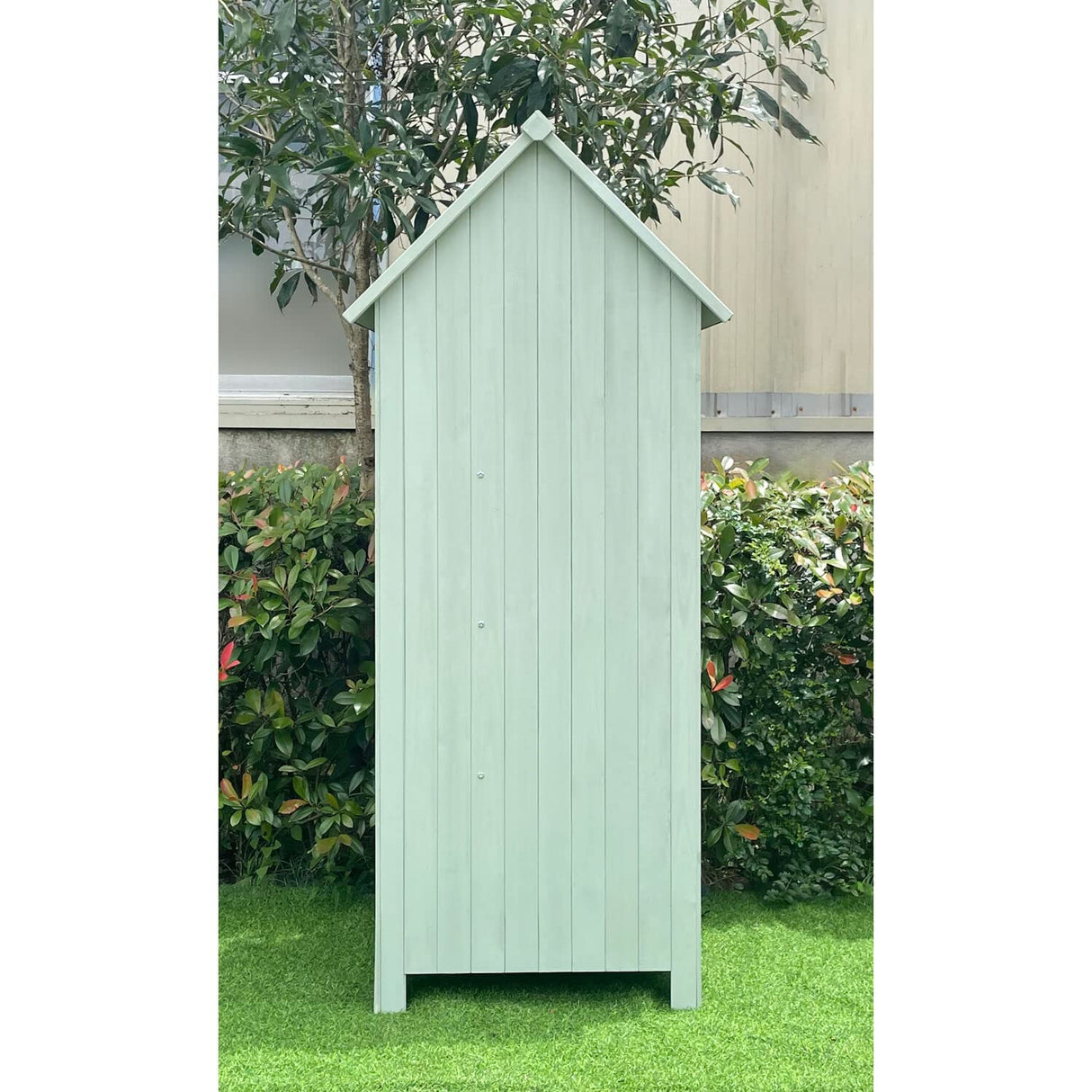 Hanover Outdoor Storage Shed with Shelves and Lock, 8.7 cu. ft. Capacity, Vertical Wood Shed for Tools, Equipment, and Garden Supplies, Modern Fir Wood Shed in Mint with Waterproof Roof and Floor Hanover