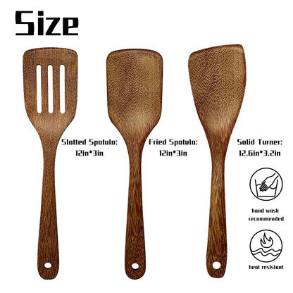 Wood Spatula Set for Cooking, 3Pcs Kitchen Utensils Set for Nonstick Cookware Wooden Cooking Utensils with Fried Spatula, Slotted Spatula, Solid Turner Cooking Utensils Kitchen Tools