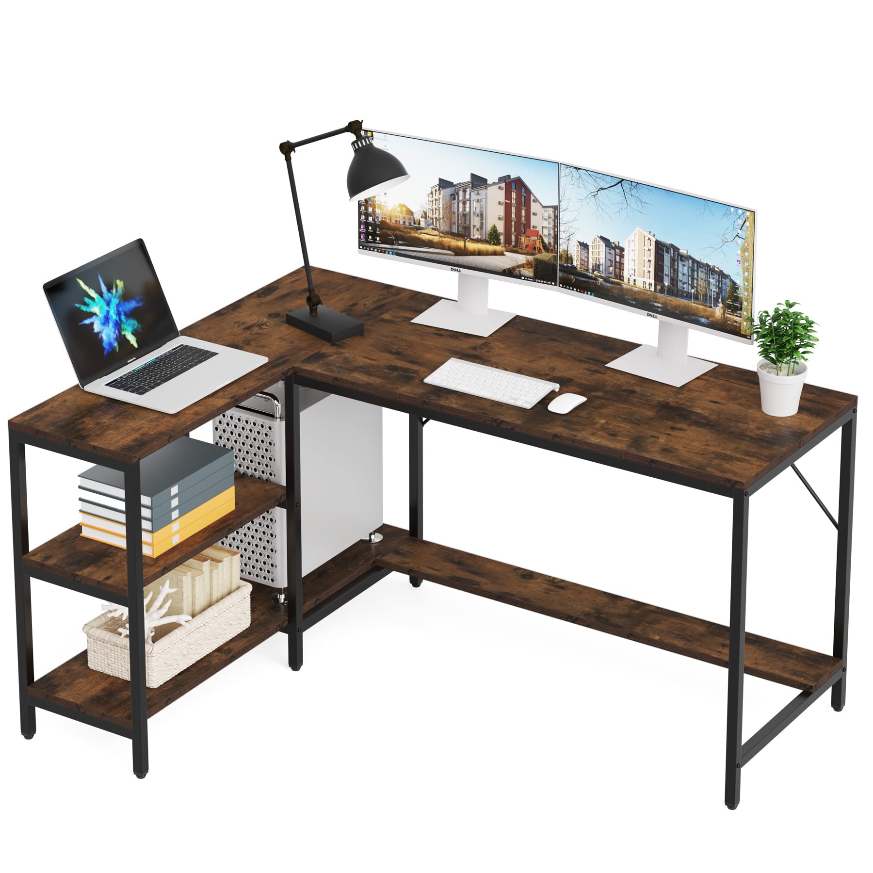 Tribesigns L Shaped Desk with Storage Shelves, Reversible Computer Desk Gaming Desk for Home Office Workstation, Rustic Brown - WoodArtSupply