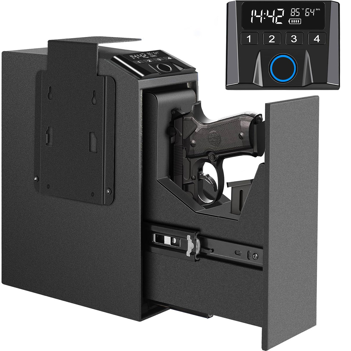 Slider Hidden Handgun Safe, Biometric Fingerprint Smart Pistol Safe for Nightstand, Desk, Bedside - Auto Sliding Door- Fingerprint, PIN Code, KEY Access (Classic) VoleStay