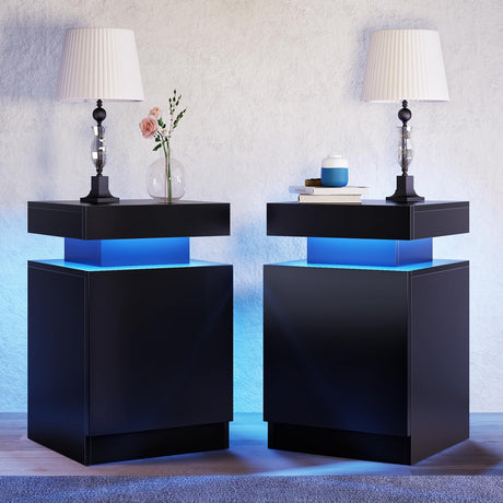oneinmil Nightstand Set of 2 with LED Lights,Night Stand with Storage Cabinet for Bedroom,Bedside Table with LED, Black oneinmil