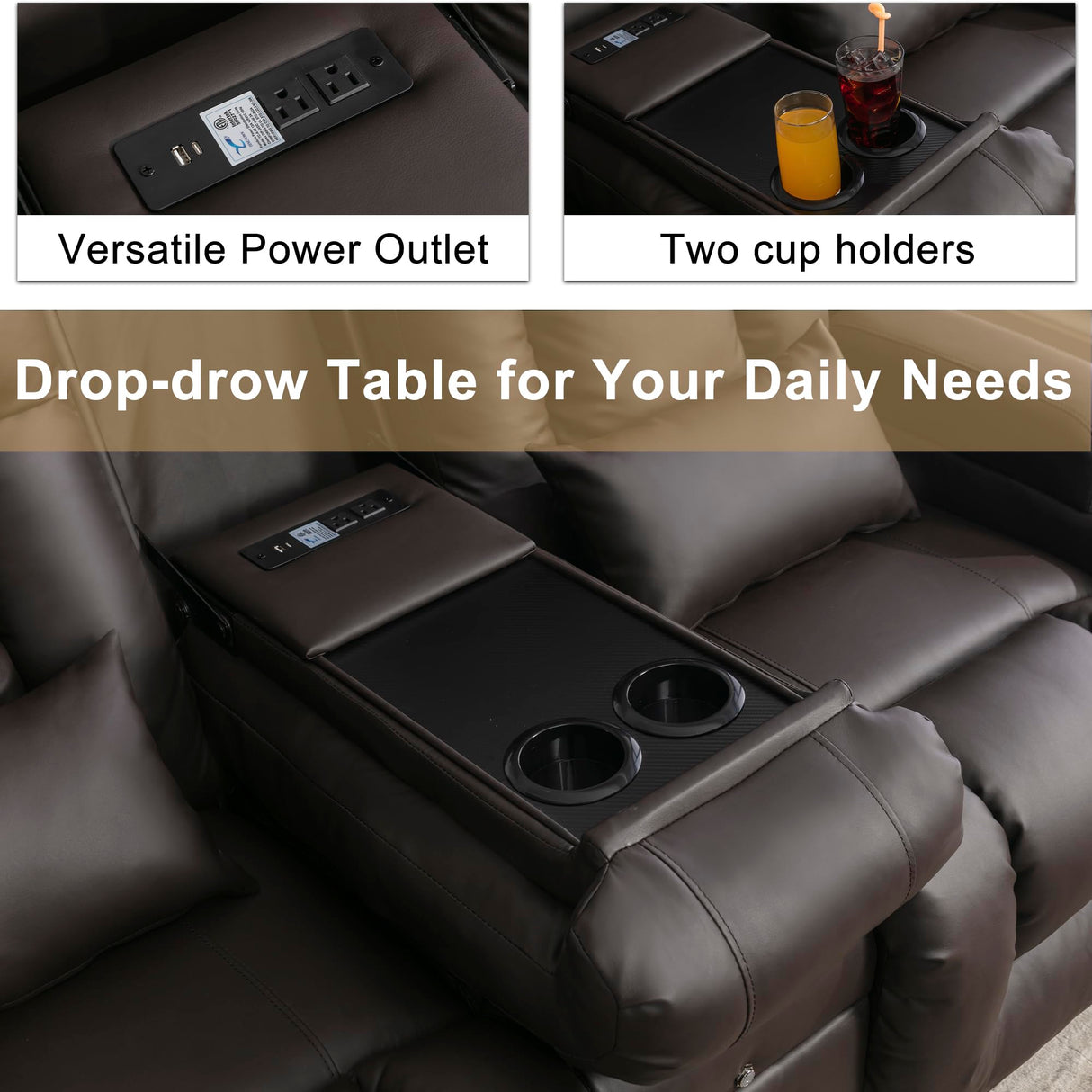 URRED Loveseat Recliner Sofa with Massage and Heat, Power Reclining Loveseat Sofa RV Couch with Console, Home Theater Seating with LED Lights, Bluetooth Speaker, USB, Outlets, Faux Leather, Dark Brown URRED