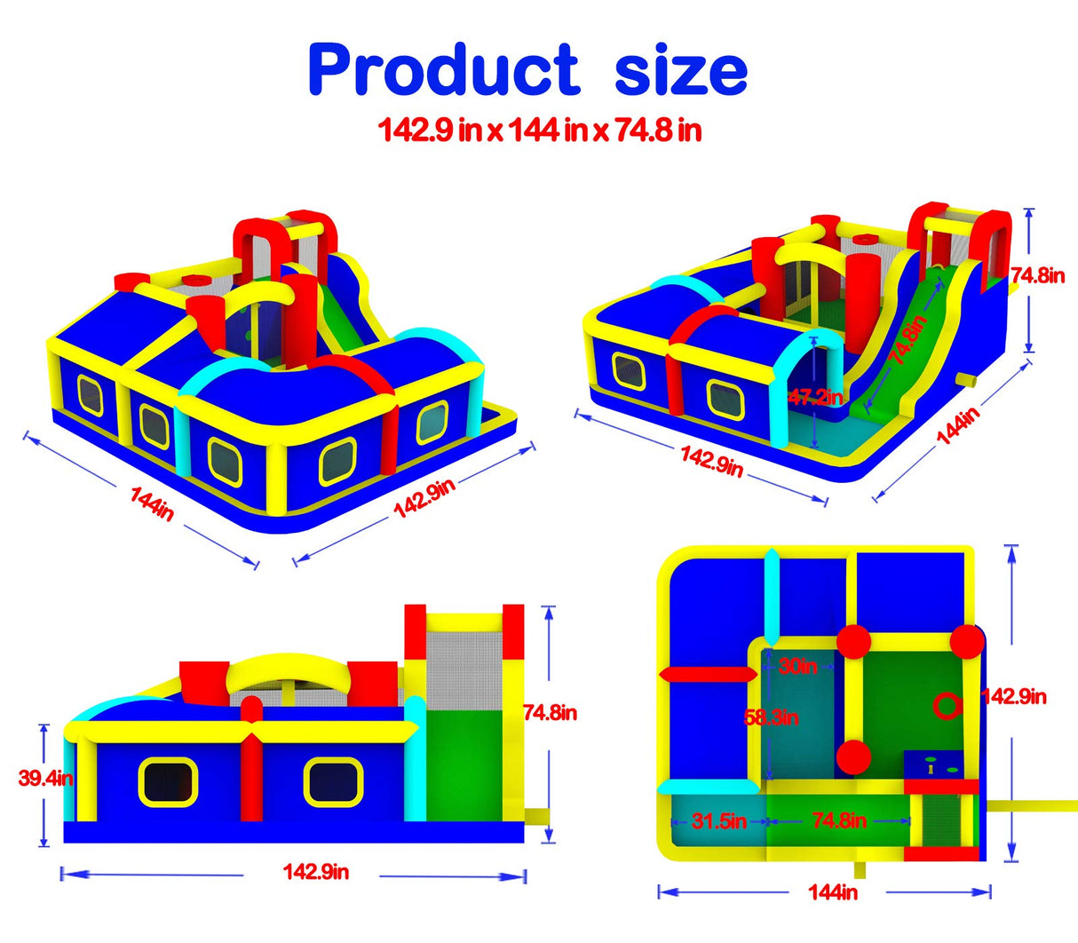 WELLFUNTIME Inflatable Bounce House with Slide, Jumping Castle with Blower and Wave Pool, Basketball Rim, Long Tunnel WELLFUNTIME