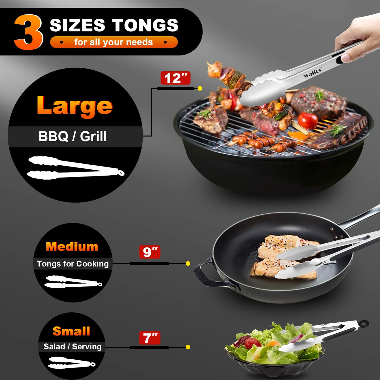 Food Grade Stainless Steel Kitchen Tongs for Cooking,BBQ - 7 ，9 and 12 Inch,Set of 3 Heavy Duty Locking Metal Food Tongs Non-Slip Grip Walfos