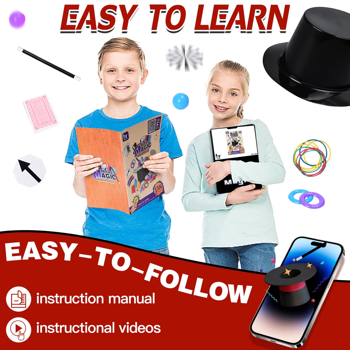 Magic Kit for Kids Magic Set- Magic Tricks Set for Kids Age 6 8 10 12, with Magician Costume Magic Wand for Pretend Play Magician Set, Easy to Follow Magic Toy Gifts for Girls and Boys Beginners PIXATA
