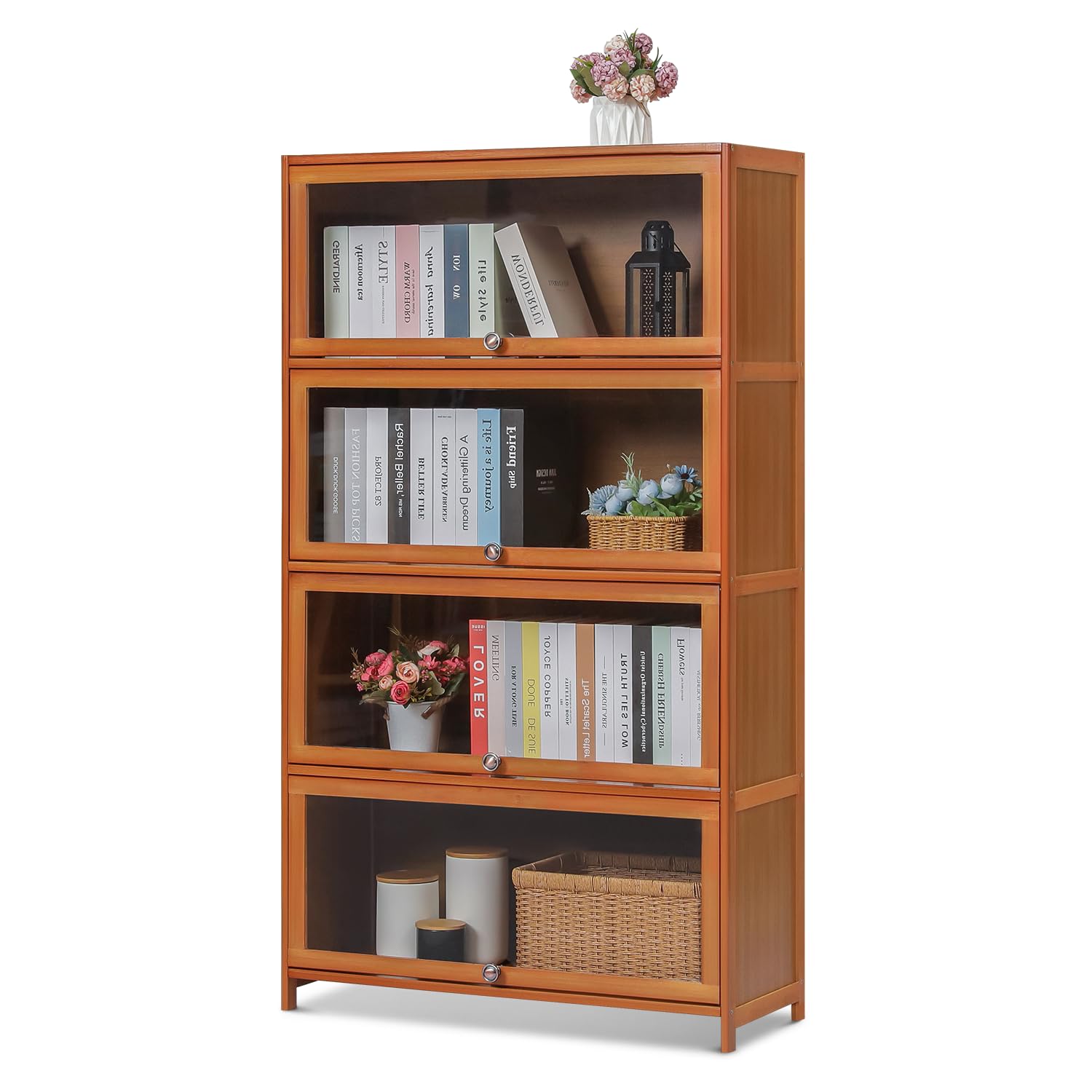 Magshion Bamboo 4-Tier Display Case Bookcase with Clear Acrylic Flip-Up Doors, Wide Brown Kitchen Cabinet Storage Pantry Cabinet Showcase Storage Cabinet Organizer - 31" L x 12.5" W x 54.5" H - WoodArtSupply