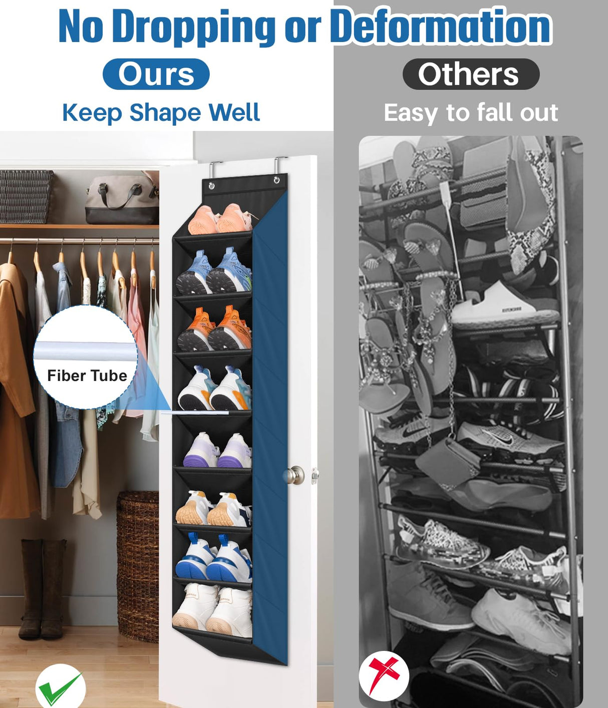 SLEEPING LAMB 2 Pack Narrow Over The Door Shoe Organizer with 8 Large Deep Pockets, Hanging Shoe Rack for Closet Door Storage for Boots, Sneakers (Black) SLEEPING LAMB