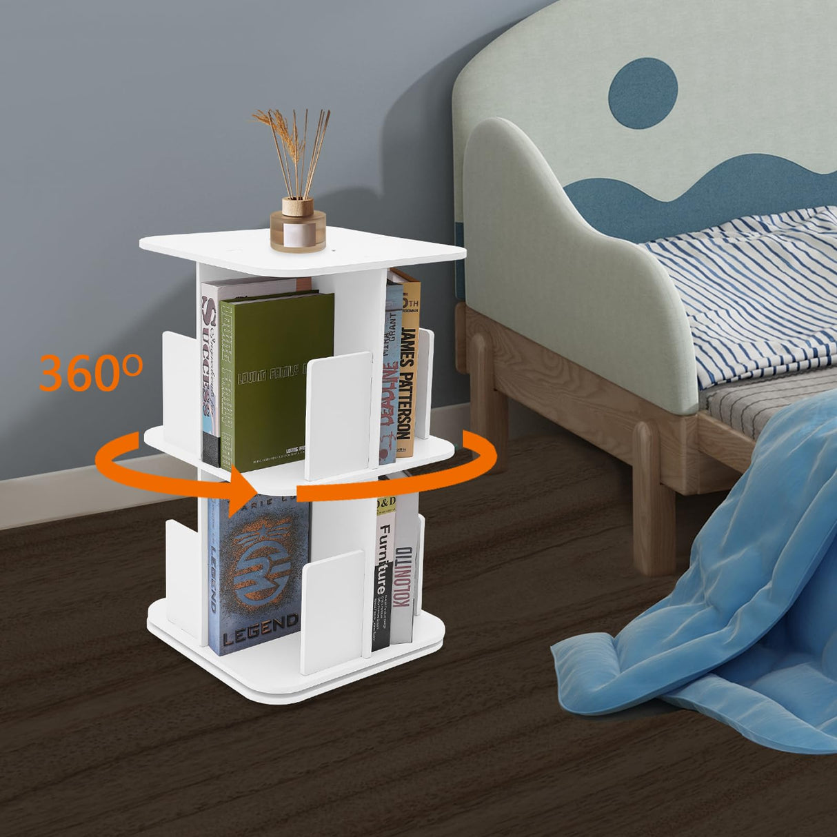 KeruRome 2 Tier Rotating Bookshelf 360 Display Round Floor Standing Revolving Bookcase Storage Rack Book Shelf Organizer for Small Space Bedroom Living Room White KeruRome