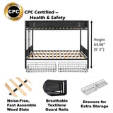 ATY Queen Over Queen Metal Bunk Bed with Two Storage Drawers, Sturdy Bedframe w/Wood Slat Support and Guardrails, Space Saving Design & No Box Spring Needed,Perfect for Dorm,Bedroom,Guest Room, Black ATY