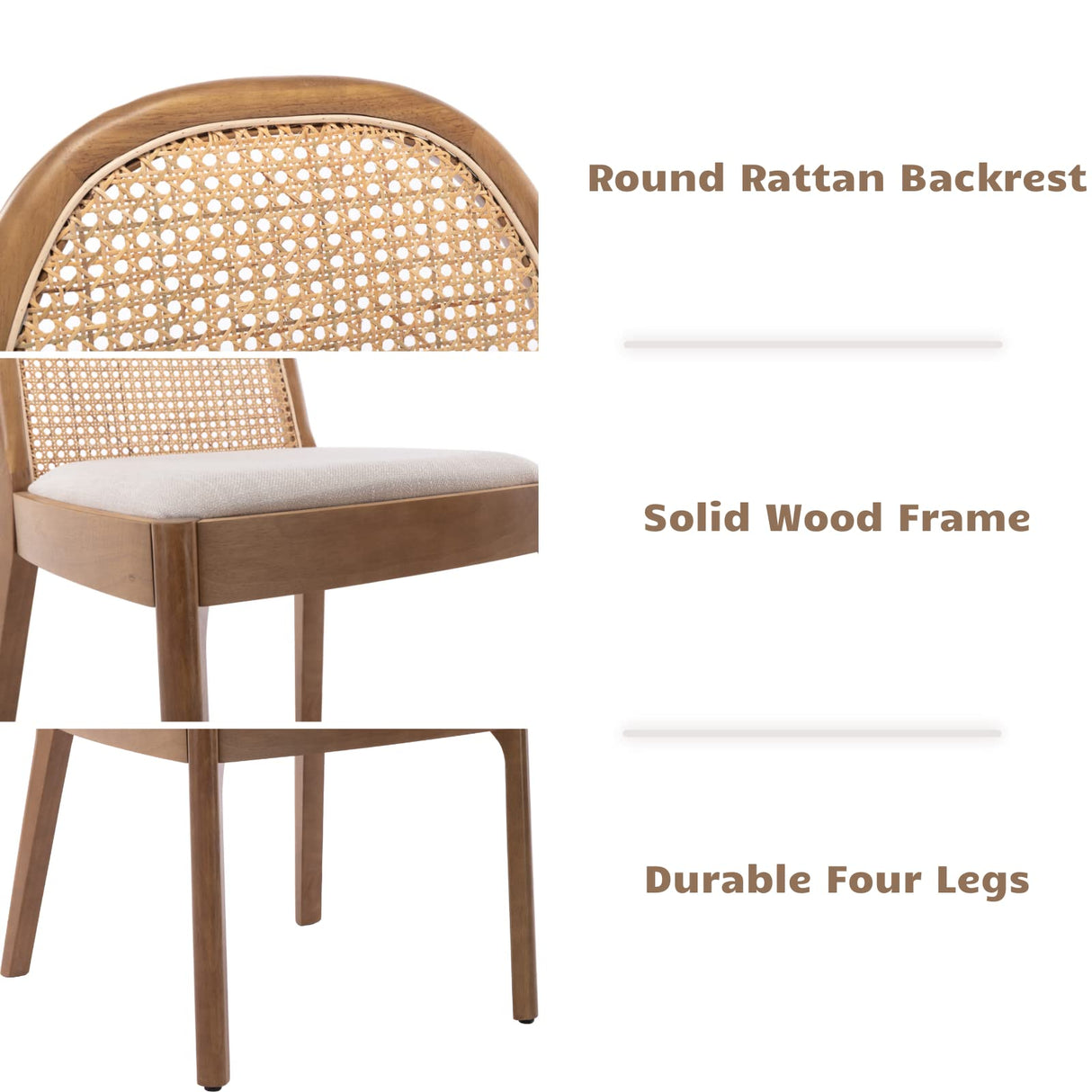 HEAH-YO Rattan Dining Chairs Set of 2, Upholstered Linen Dining Room Chairs with Backrests, Modern Kitchen Chairs with Wood Legs for Dining Room, Beige HEAH-YO
