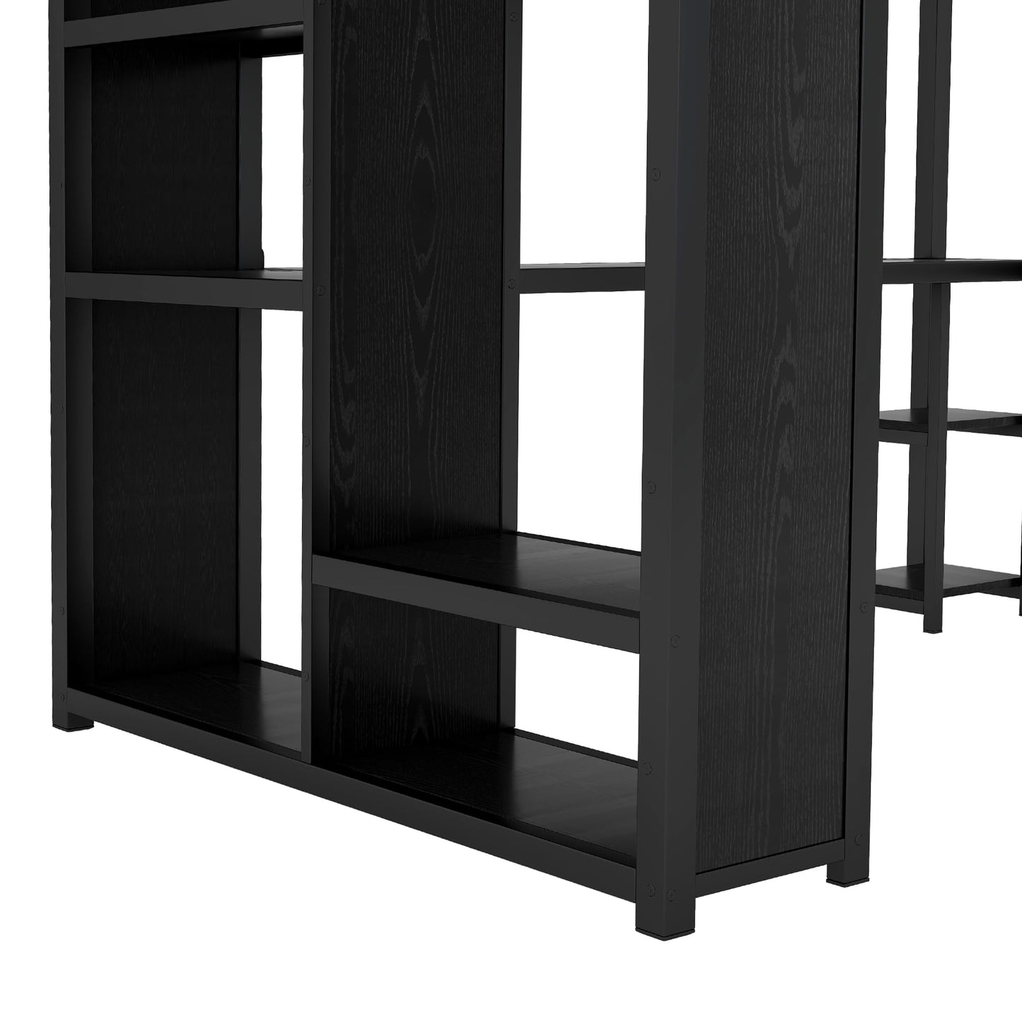 Queen Loft Bed with Desk and Storage Shelves, Loft Bed Queen Size, Queen Loft Bed with Wardrobe and Hanging Rod, Metal Loft Bed with Guardrail and Ladder, Queen Loft Bed for Adults Teens(Queen Balck)