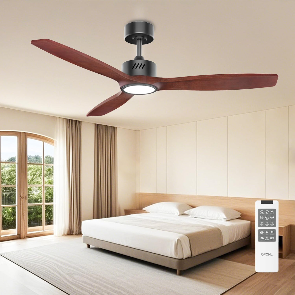 OPONL Natual Solid Wood Ceiling Fan with Light 52 Inch, Low Profile, Remote Control, Downrod Mount, Noiseless, Reversible, 6CCT, Dimmable, 6 speeds, Timeable, Ceiling Fans with Lights for Living Room OPONL