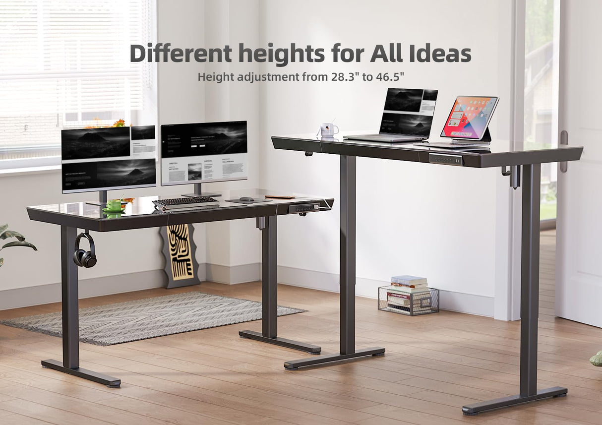 YDN Glass Standing Desk with Drawers, 55 x 24 Inch Electric Stand Up Desk with USB Ports, Adjustable Height Desk for Home Office, Black YDN
