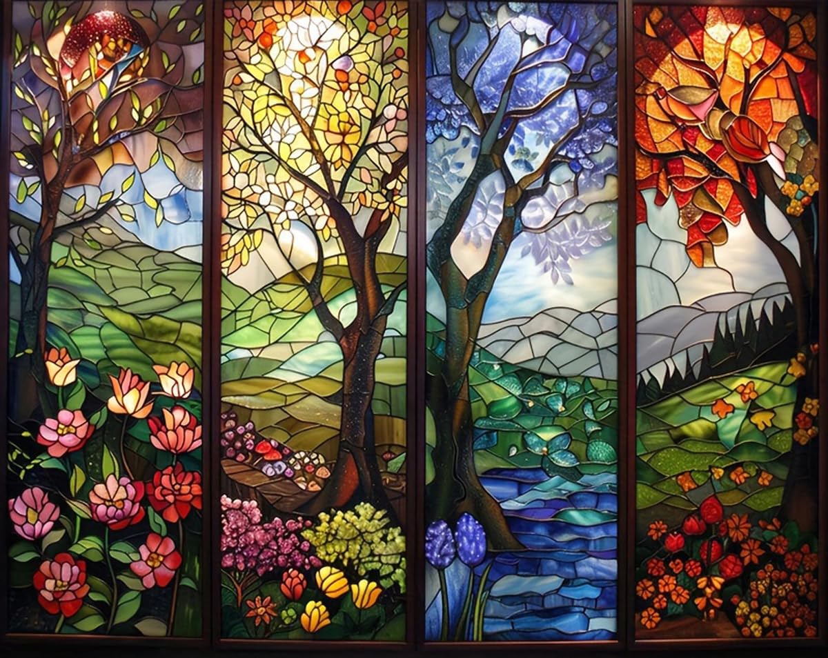 5D Diamond Art Painting Kits for Adult Beginners,Four Season Life of Tree Flower Diamond Art Kits,Full Drill Paint with Diamond Dot Gem Art Painting for Home Decor 12x16 inch Semneroy