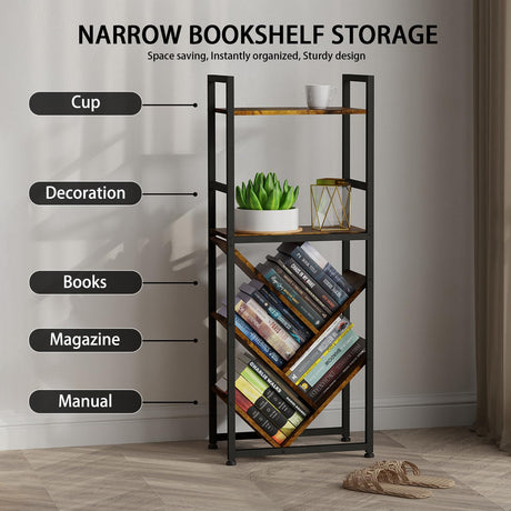 6-Tier Tree Bookshelf for Corner & Small Spaces, Modern Rustic Metal Bookcase Storage Organizer for Books, CDs, Movies – Industrial Floor Standing Bookshelves for Bedroom, Living Room, Home Office Faesun