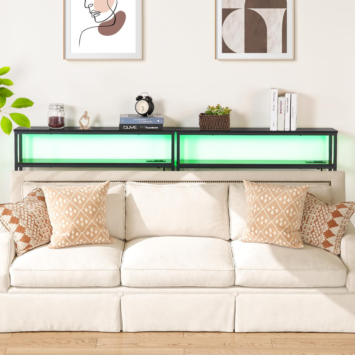 ELYKEN 2 Pack 5.9" Narrow 2-Tier Console Sofa Table with LED Strip Light, 5.9" Dx39.4”Wx39.4”H Long Behind Couch Table with Charge Station, Skinny Table with 6.5’ Extension Cord, Black ELYKEN