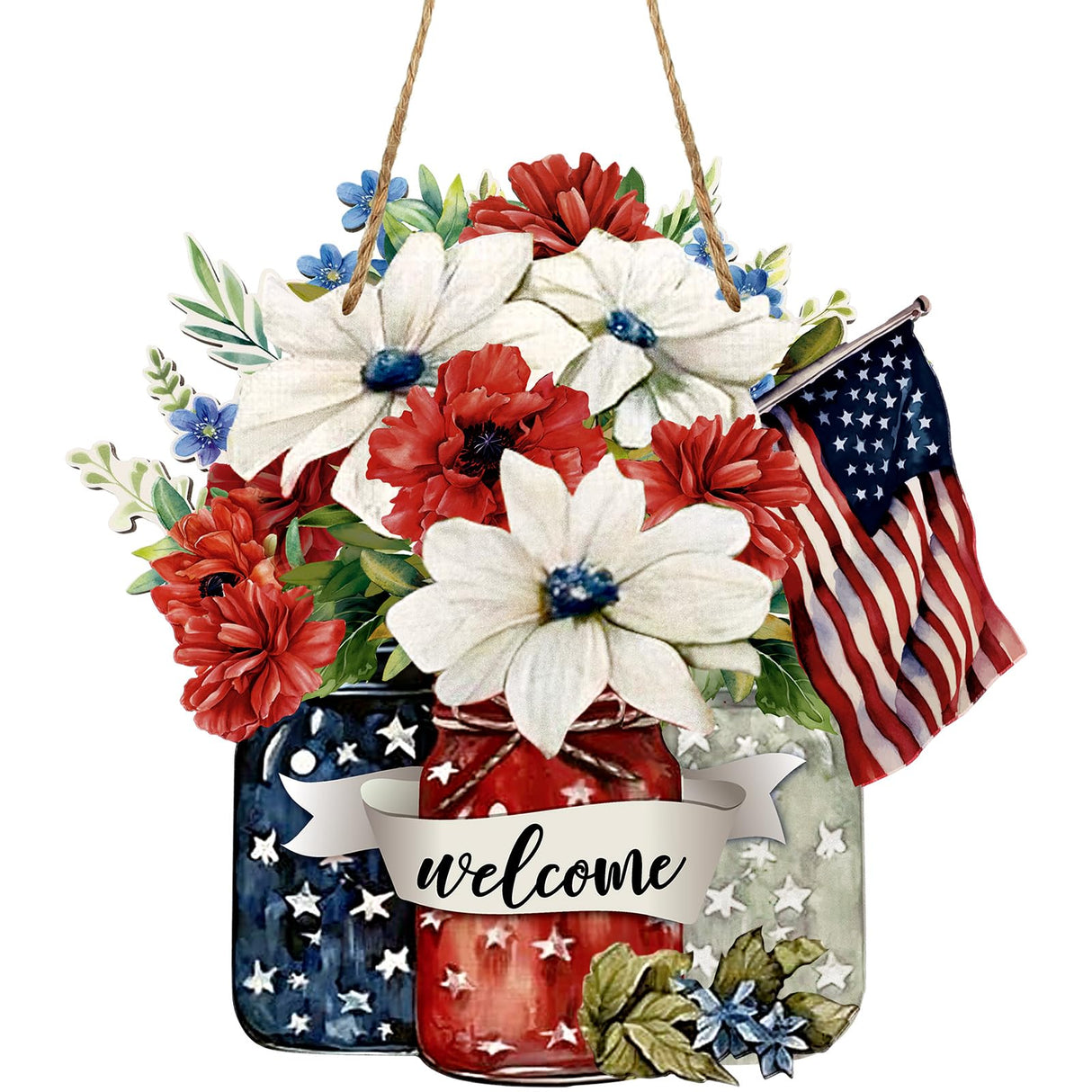 Spiareal 4th of July Welcome Door Decoration Farmhouse Patriotic Wooden Sign Rustic Independence Day Wood Wreaths Red White Blue Wall Decor American Flag Hanging Sign for Front Door Decorations Spiareal