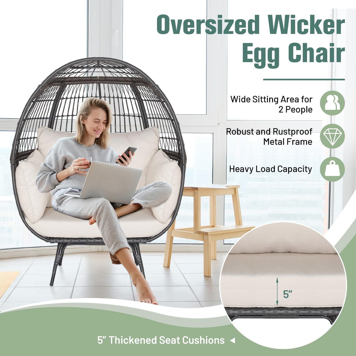 Tangkula Oversized Wicker Egg Chair, Stationary Patio Lounge Basket w/ 4 Soft Cushions, Stable Metal Frame, Gorgeous Indoor Outdoor Lounge Chair, Ideal for Living Room, Backyard, 450 LBS Max Load Tangkula