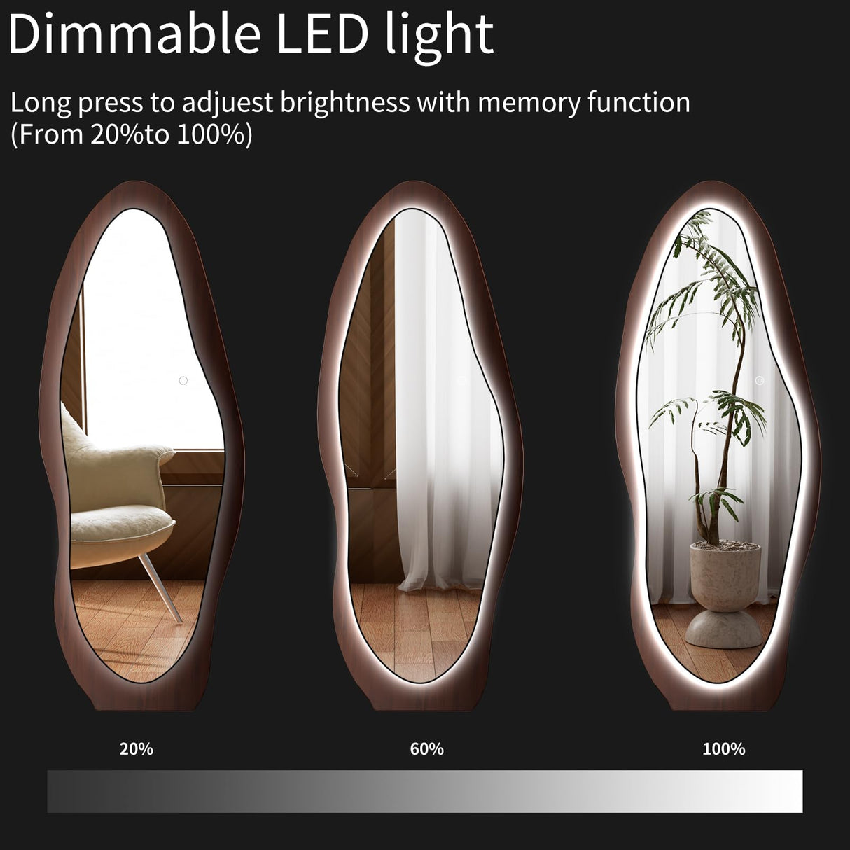 osemy 67"x 26" Wood LED Full Length Mirror with Lights Irregualr Wavy Full Body Mirror Shatter-Proof Hanging/Leaning Wall Mounted Walnut Wooden Framed Mirror for Dressing Bedroom Living Room osemy