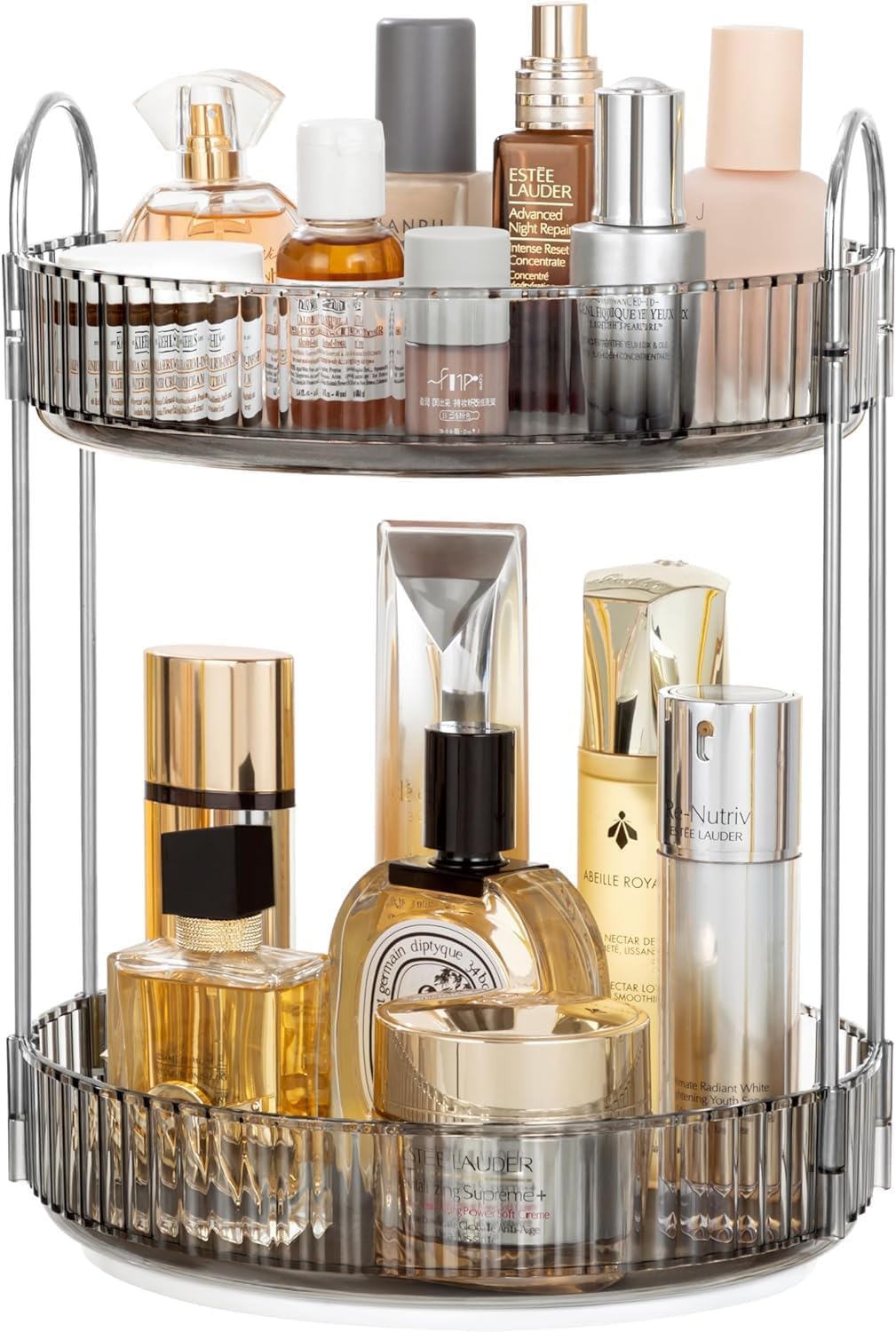 HBlife 360° Rotating Makeup Organizer, 2 Tier Spinning Perfume Skincare Organizer Large Capacity Cosmetic Storage for Bathroom, Vanity, Countertop, Grey HBlife
