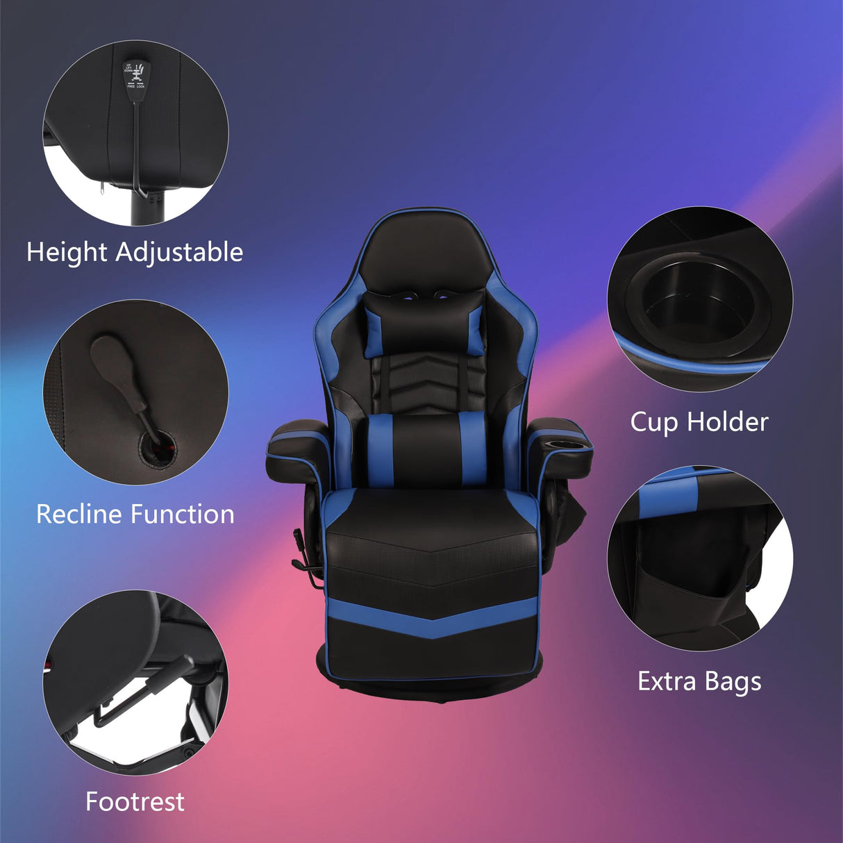 IBXFO Massage Gaming Chair for Adults, Heavy Duty Reclining Office Chair with Footrest, Adjustable Backrest and Cup Holder, Black Blue IBXFO