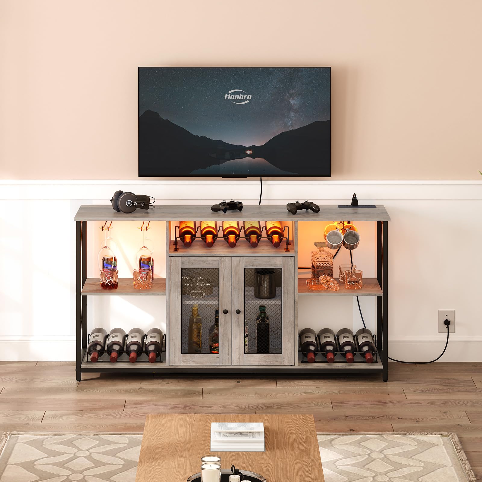 HOOBRO Greige and Black Wine Bar Cabinet with LED Lights and Power Outlets - WoodArtSupply