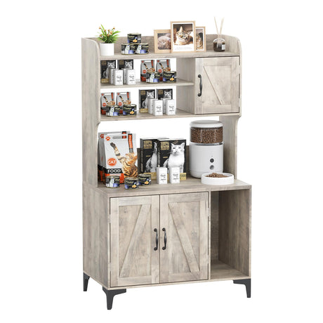 Large Cat Litter Box Enclosure Furniture with 3 Open Shelves and Storage Cabinet, Farmhouse Cat House Washroom with Scratch Pad, Modern Wood Pet House Side End Table for Livingroom Bedroom Doppeltcharms