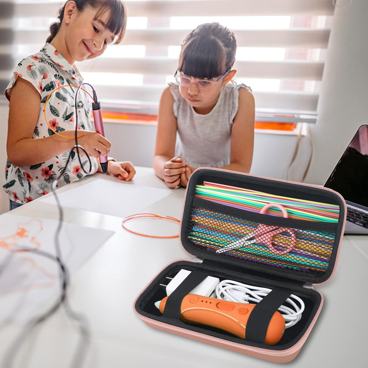 BOVKE Hard Carrying Case for 3D Pen Set, 3D Pen Case Compatible with 3Doodler Start+ Essentials 3D Printing Pen Toy Home Art Activity Set, Mesh Pocket fit 3D Printing Filament, Rose Gold (Box Only) BOVKE