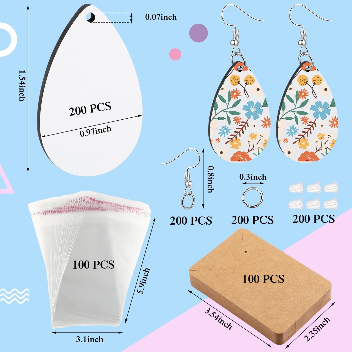 Riceshoot 800 Pieces Sublimation Earring Blanks Bulk with Earring Hooks, Jump Rings, Ear Plugs, Earring Cards Holder and Transparent Packaging Bags Unfinished MDF Earrings for DIY Making (Teardrop)