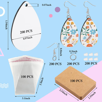 Riceshoot 800 Pieces Sublimation Earring Blanks Bulk with Earring Hooks, Jump Rings, Ear Plugs, Earring Cards Holder and Transparent Packaging Bags Unfinished MDF Earrings for DIY Making (Teardrop)