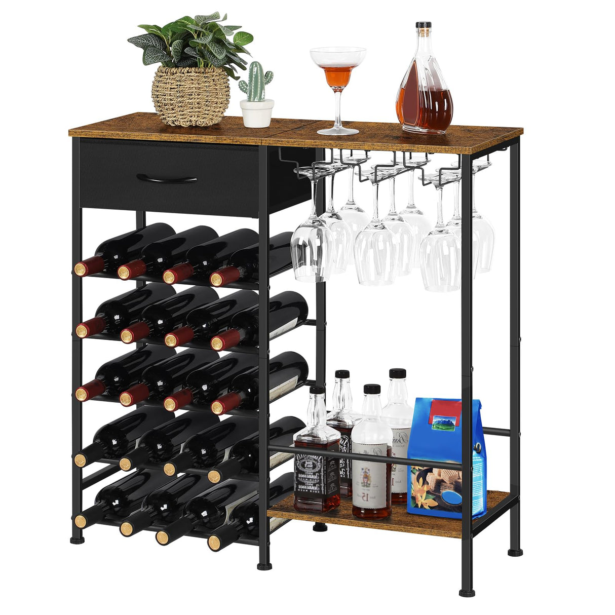 OYEAL Wine Rack Freestanding Floor, 5 Tier Display Wine Storage Shelves with Glass Holder & Fabric Drawer, 20 Bottles Liquor Cabinet Bar Stand for Home Bar, Kitchen Living Room, Rustic Brown OYEAL