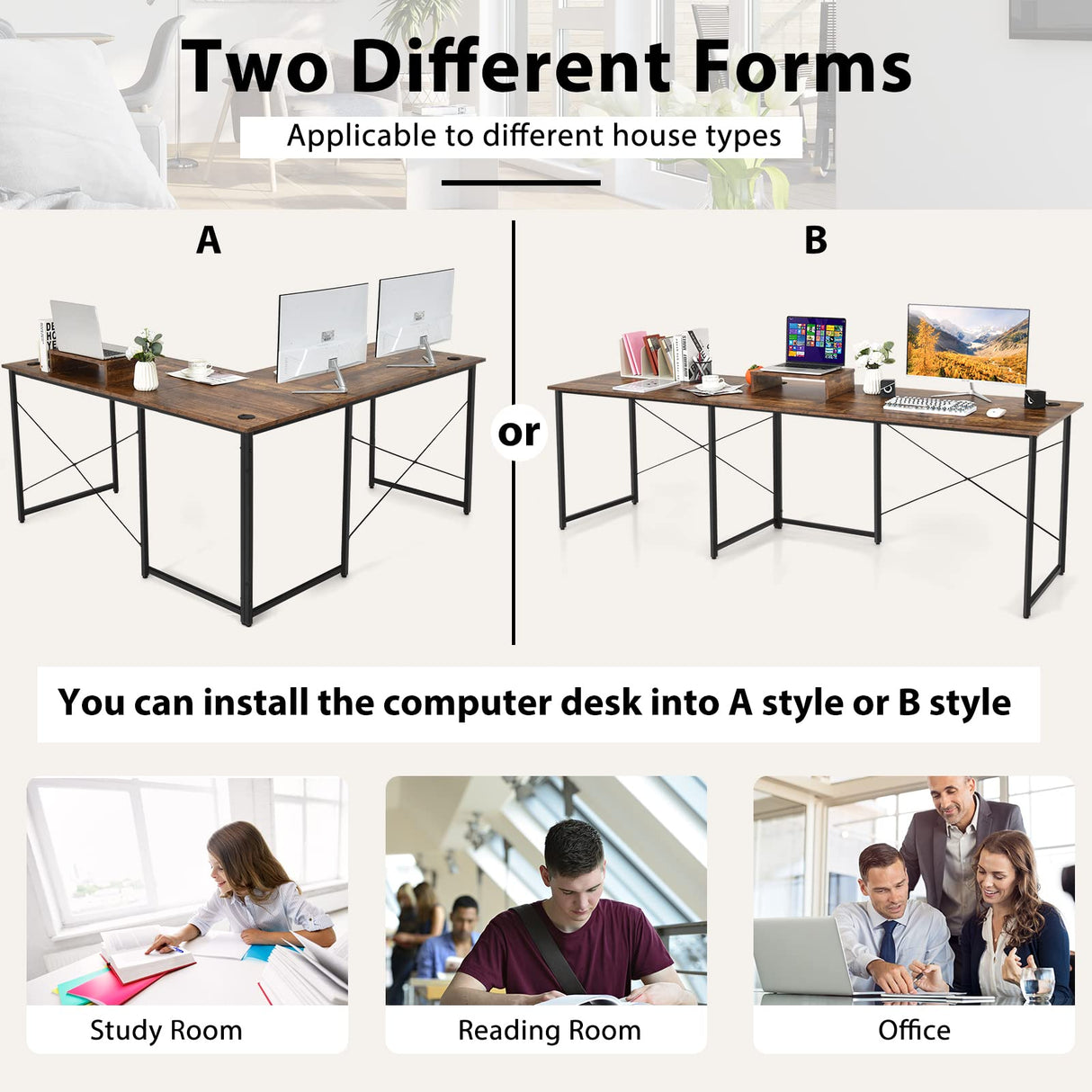 Tangkula L-Shaped Computer Desk, 95 Inch Reversible Corner Desk with Monitor Stand & 3 Cable Holes, 2-Person Long Study Writing Desk, Large Home Office Gaming Writing Workstation (Rustic Brown) Tangkula