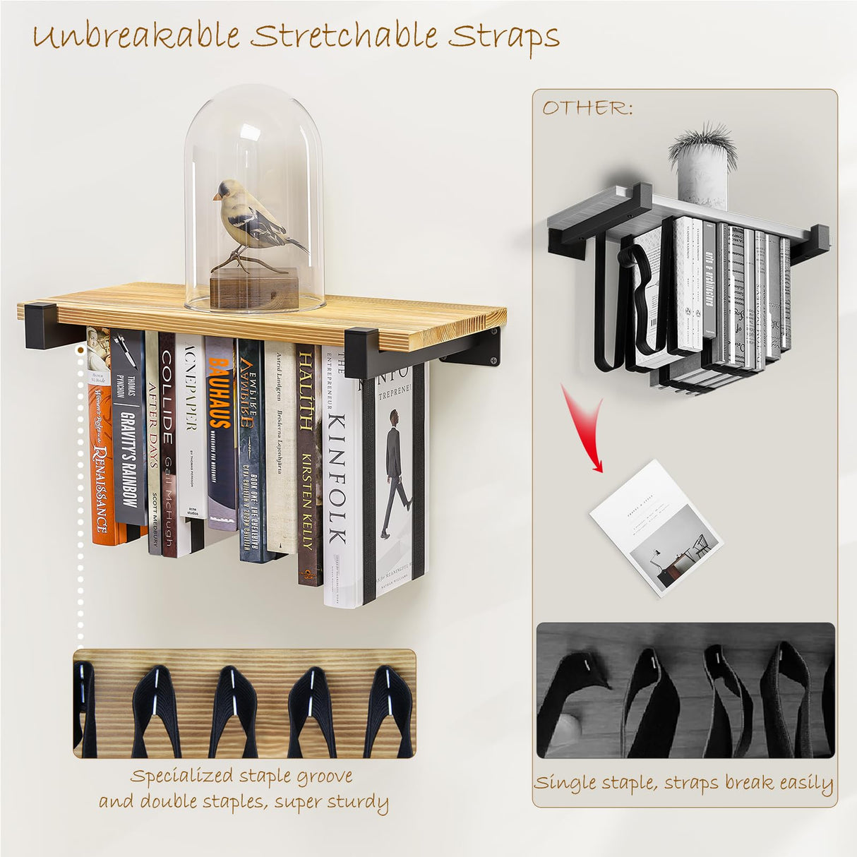 NANATI 2 Set of Floating Bookshelf, Pine Wood Invisible Bookshelf, Hanging Bookshelves for Wall, Unique Space Saving Wall Bookcase (16.5L×8.7W×1.5H) NANATI