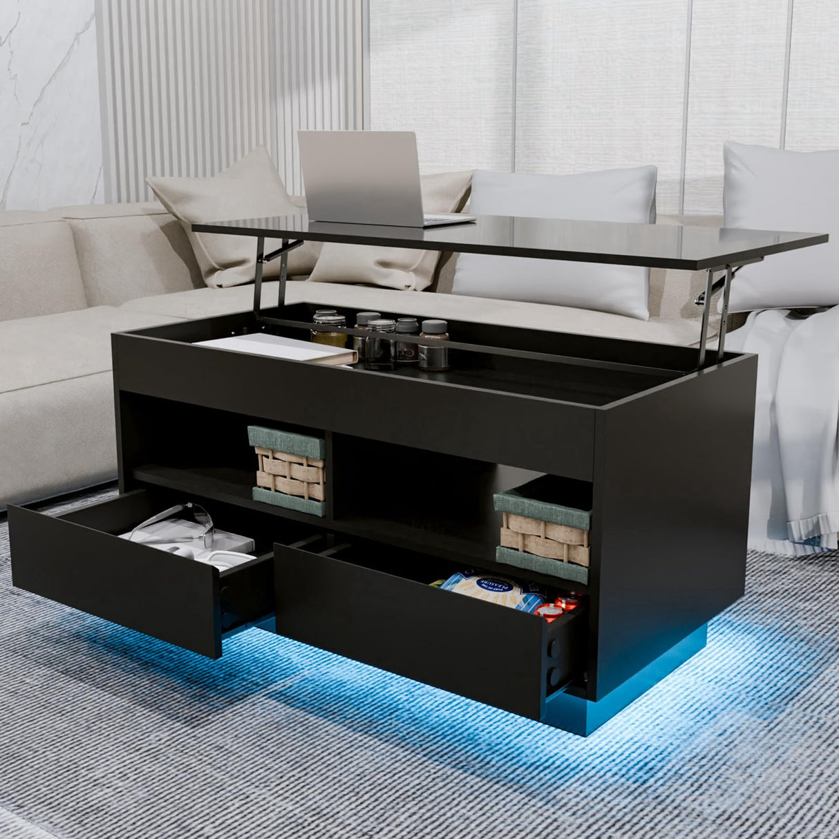 LED Coffee Table for Living Room Lift Top Coffee Tables with Storage Morden High Gloss 4 Tiers Black Tea Table Center Tables Sofa Hidden Compartment & 2 Open Shelve & 2 Drawers HOMMPA