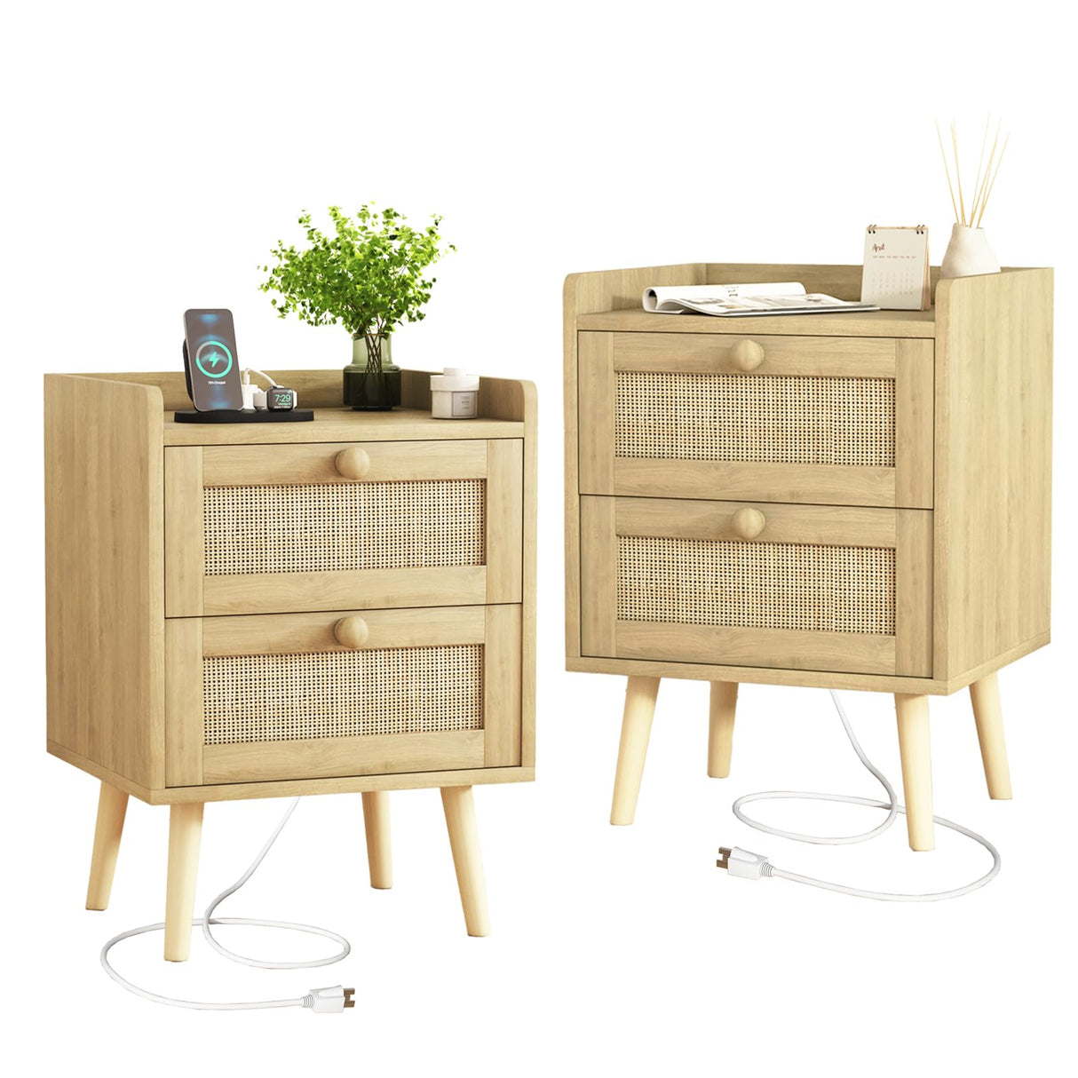HUANLEGO Rattan Nightstand with Charging Station Set of 2, Rattan Boho End Table with 2 Drawers Bedroom Bedside Side Tables Natural Night Stand for Living Room,Bedroom,Dorm Room Essentials HUANLEGO