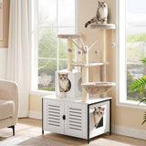 HOOBRO Cat Tree with Scratching Posts, Cat Tower Litter Box Enclosure Furniture for Indoor Cats, All-in-One Wooden Cat House Condo with Cat Hammock, Detachable Teaser Sticks, White BW14MZ03 HOOBRO