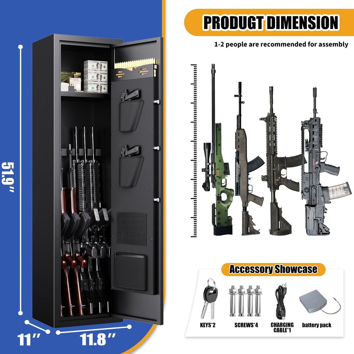 5-8 Gun Safe,Gun Cabinet for Rifles and Pistols, Tall Gun Safe for Shotguns, Biometric Gun Cabinet for Home with Alarm System and Silent Mode, Detachable Gun Rack, Black (51.9"H x 11"D x 11.8"W) ZZXCBB