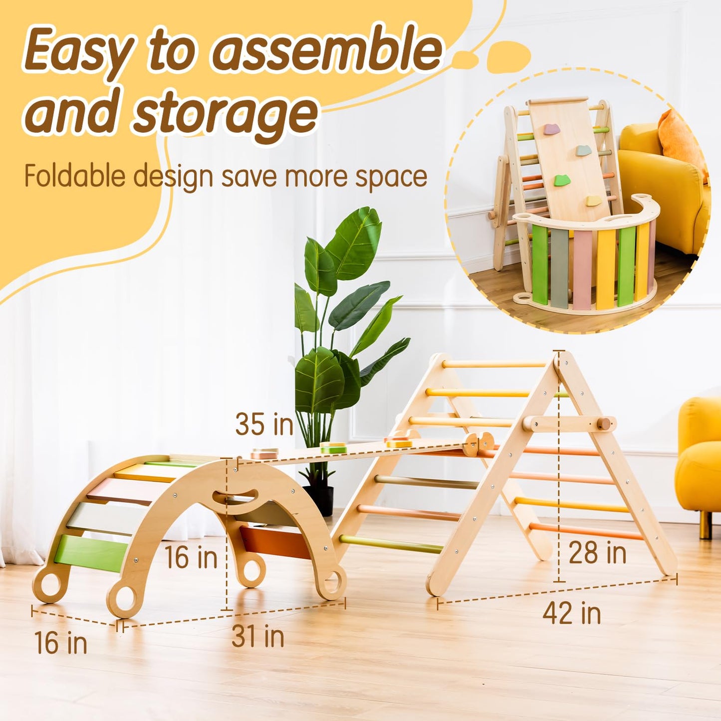 deli Pikler Triangle Set 7 in 1, Wooden Montessori Climbing Set with Arch & Ramp & Ladder, Foldable Baby Climber Indoor Playground Jungle Gyms for Toddlers