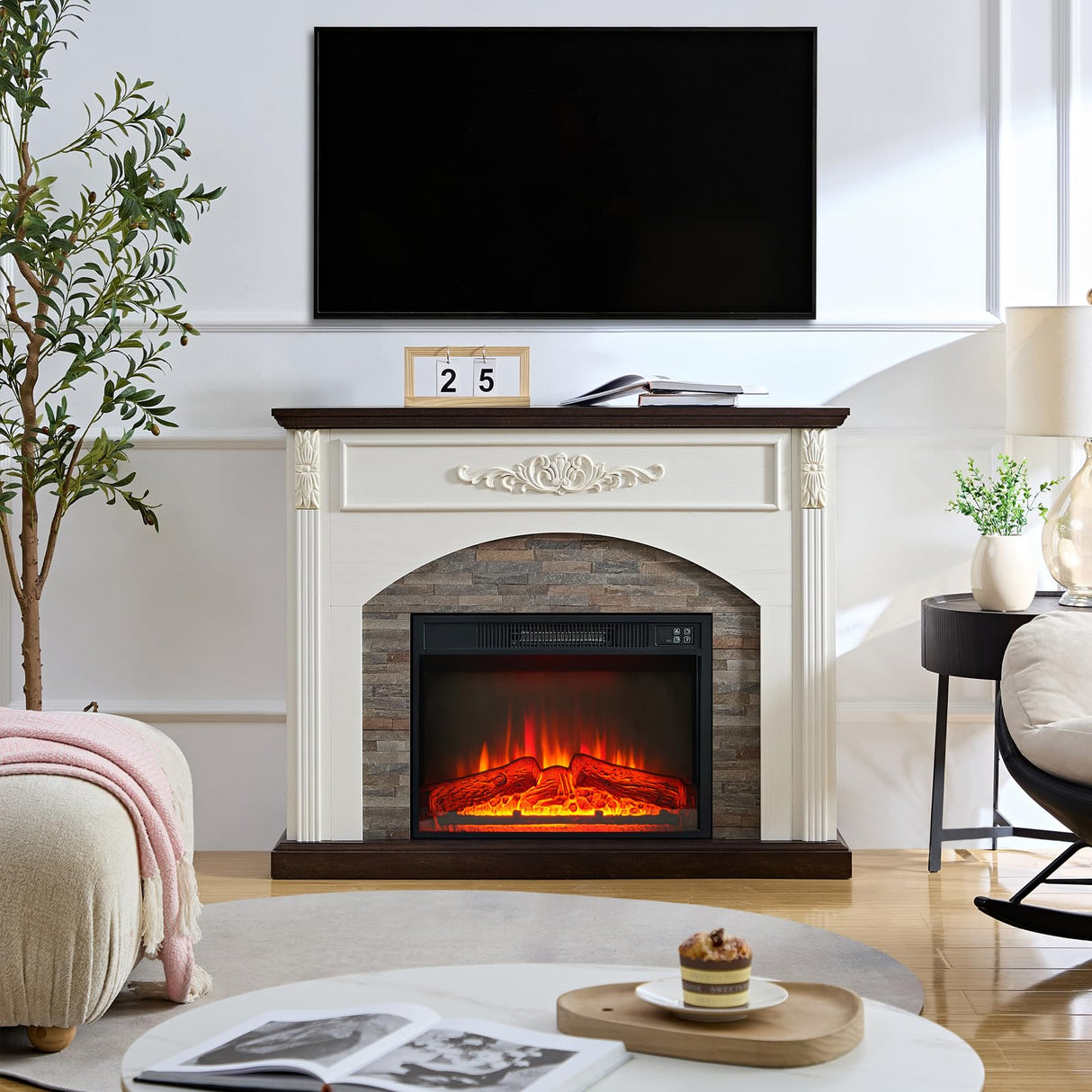 44Inch Electric Fireplace with Mantel, Fireplace Mantel with Stacked Stone Surround, Freestanding Fireplace Heater with LED Flame,White Corner Firebox with 23" Fireplace Insert for Bedroom,Living Room BOSHIRO