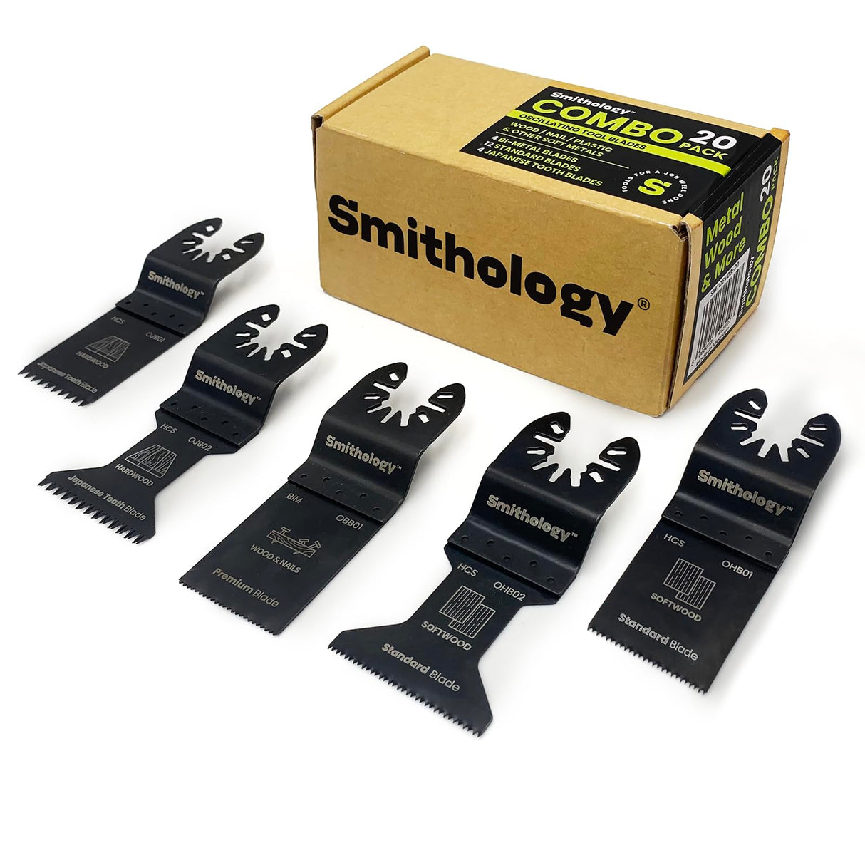 Smithology 20PCS Universal Metal/Wood Oscillating Saw Blades Combo Pack – 4 Bi-Metal Blades, 12 Standard Blades, 4 Japanese Tooth Blades Smithology