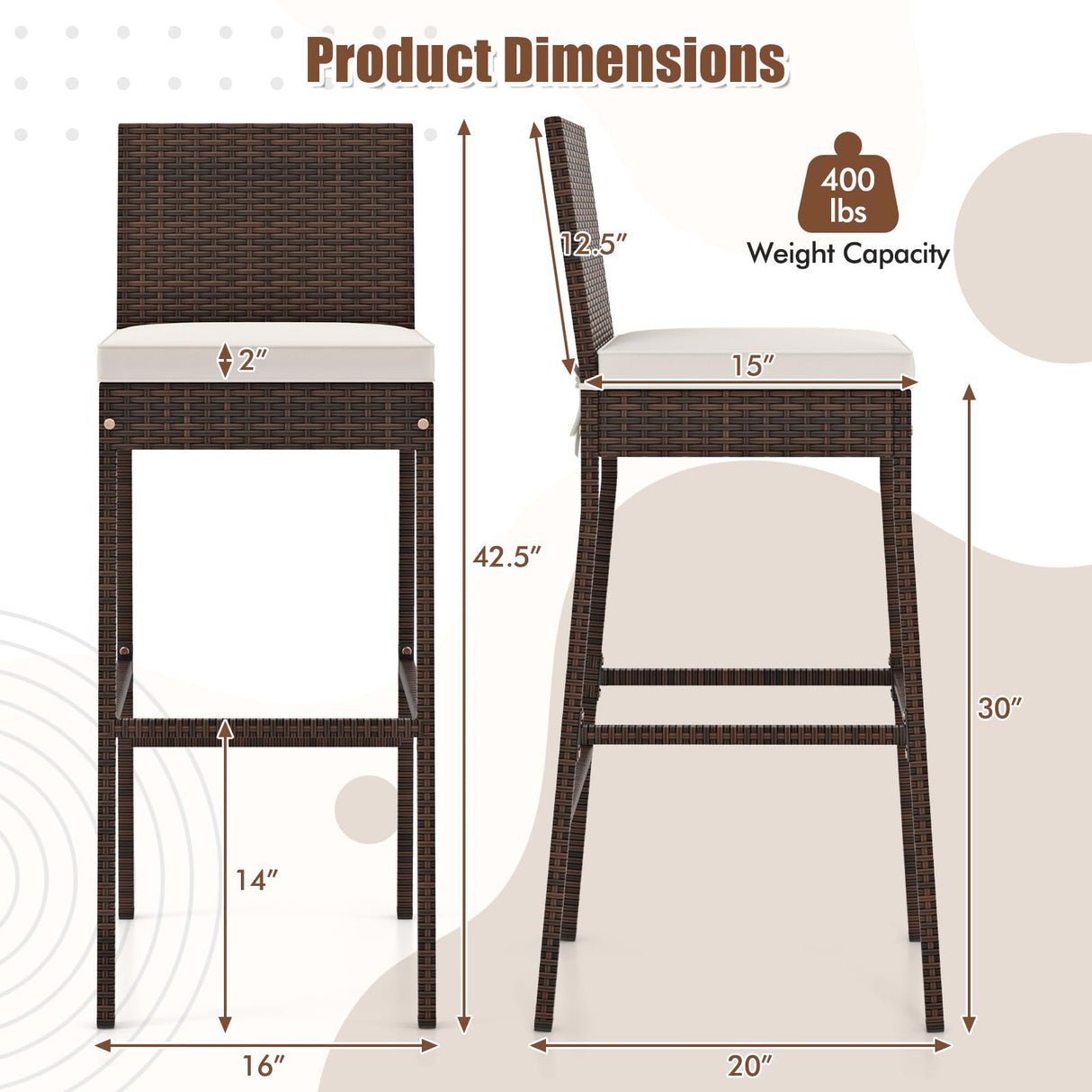 Toolsempire Outdoor Wicker Barstools, Patio Rattan Barstool Set of 4 with Cushion, Footrest & Heavy-Duty Metal Frame, Outdoor Bar Height Chair for Backyard & Balcony Toolsempire