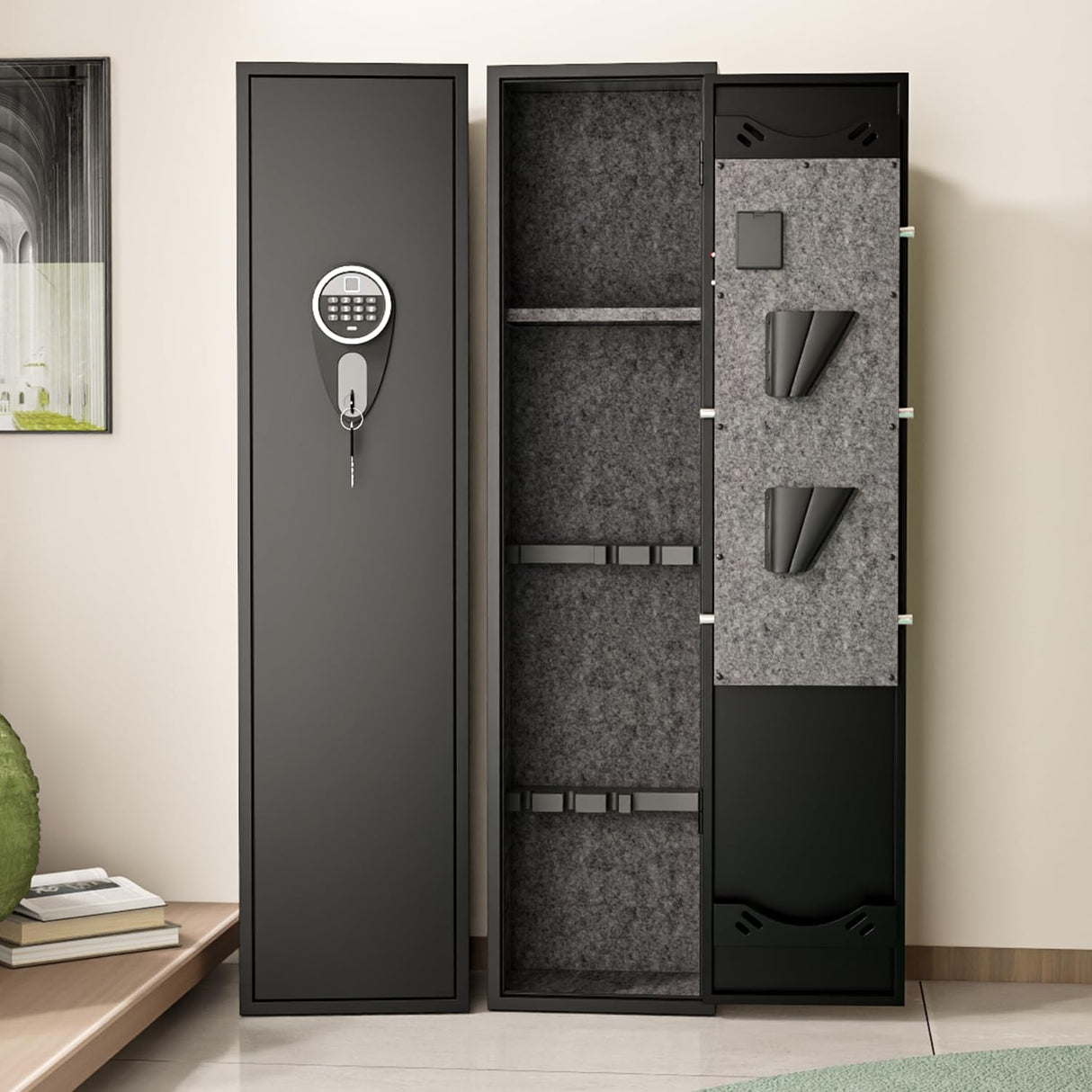 Welfiya 4-6 Gun Safes,Biometric Firearm Storage Unit for Pistols with Quick Access,52" Fireproof Cabinet with Adjustable Rack for Home Rifle and Shotguns,Fingerprint/Digital Keypad Lock,Black Welfiya