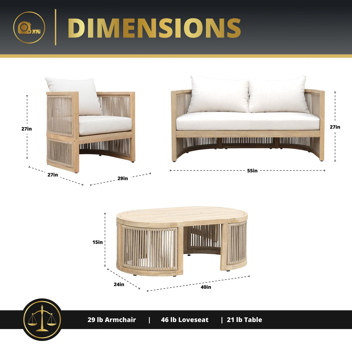 Mazatzal 4-Piece Outdoor Acacia Wood Wicker Conversation Set, Patio Furniture Set with Loveseat, 2 Armchairs, and Coffee Table, Modern Balcony Set for Garden, Yard, Backyard Mazatzal