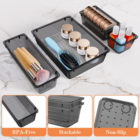 SpaceHacks 25 PCS Plastic Drawer Organizer Set, 4-Size Versatile Organizer Trays & storage Bins for Makeup, Jewelry, and Gadgets in Bathroom, Bedroom and Office,Clear Black SpaceHacks
