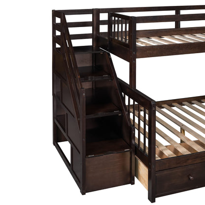 Espresso L Shaped Triple Bunk Bed with Stairs & Storage for Kids, Teens, and Adults - Twin Over Full Design - WoodArtSupply